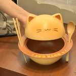 Ramen Bowl Set Ceramic Cat Lid Spoon & Chopsticks