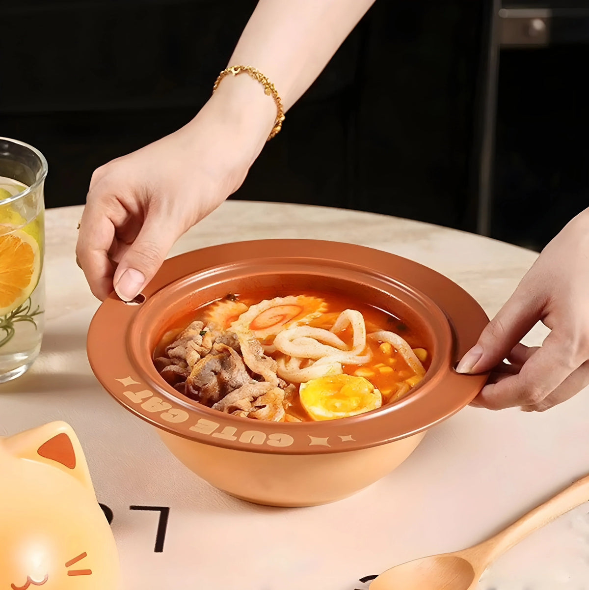 Ramen Bowl Set Ceramic Cat Lid Spoon & Chopsticks