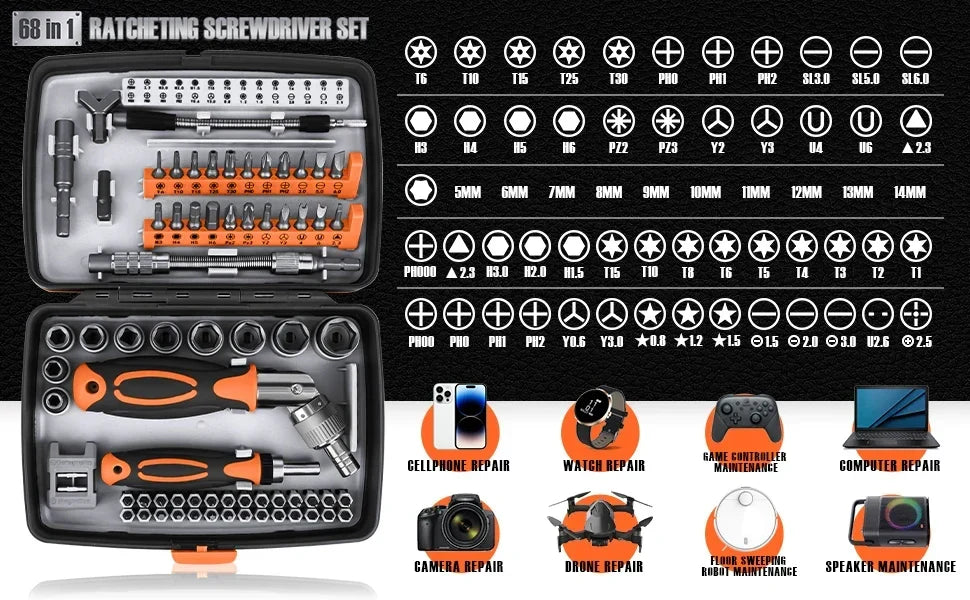 Ratchet Screwdriver Set 68-Piece Magnetic Holder & Portable Case
