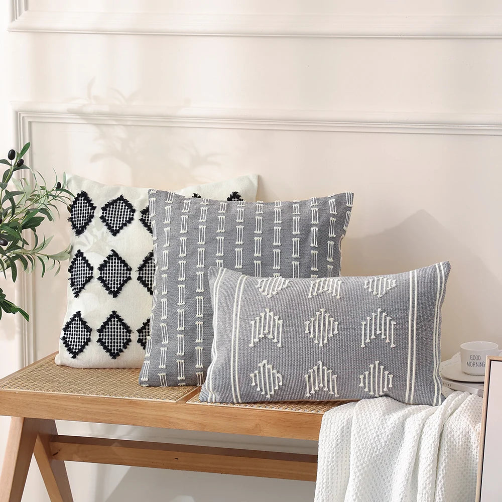 Rectangular Cushion Cover Embroidered Geometric Cotton Blend Concealed Zipper