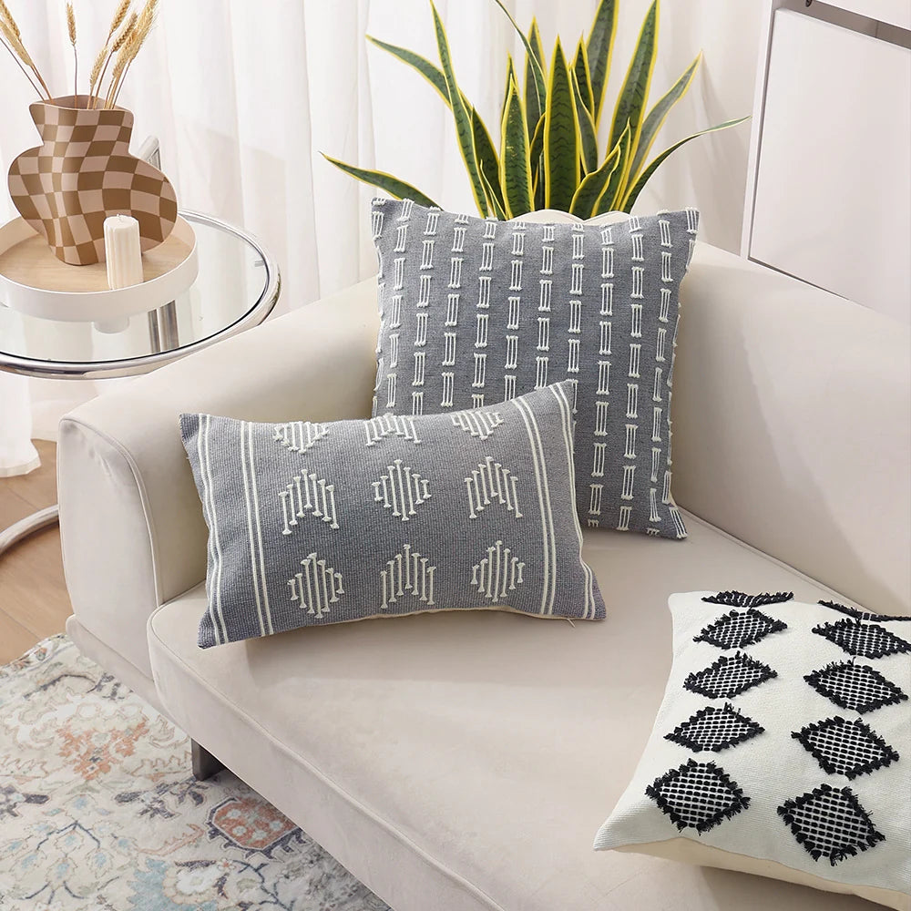 Rectangular Cushion Cover Embroidered Geometric Cotton Blend Concealed Zipper