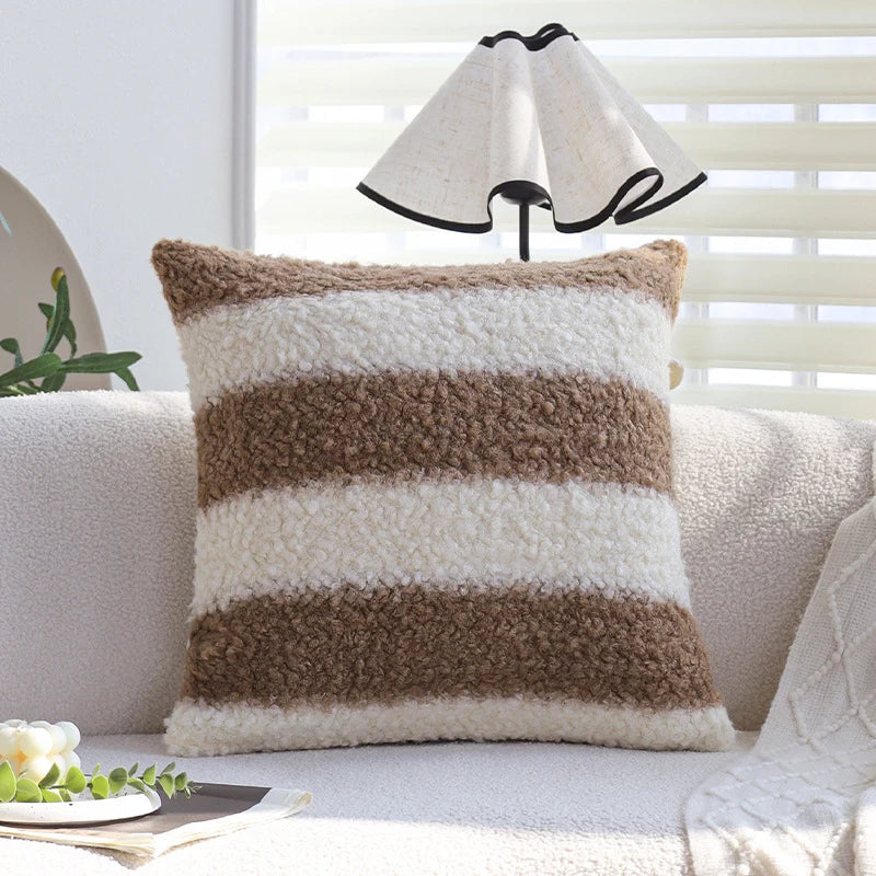 Rectangular Cushion Cover Teddy Fleece Sherpa Stripes Concealed Zipper
