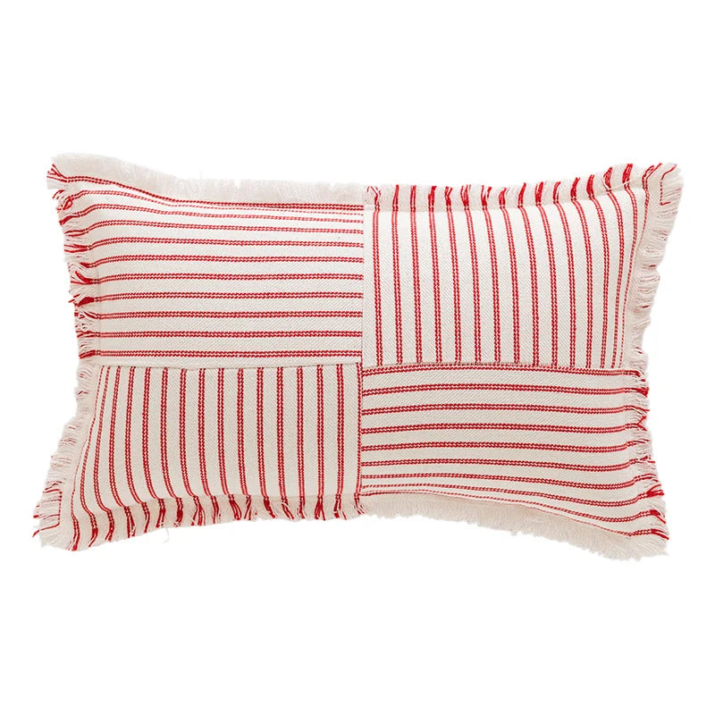 Rectangular Lumbar Pillow Striped Patchwork Woven Fabric & Fringed Trim