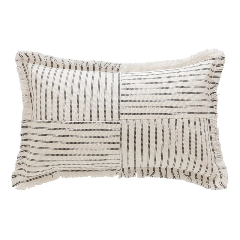 Rectangular Lumbar Pillow Striped Patchwork Woven Fabric & Fringed Trim