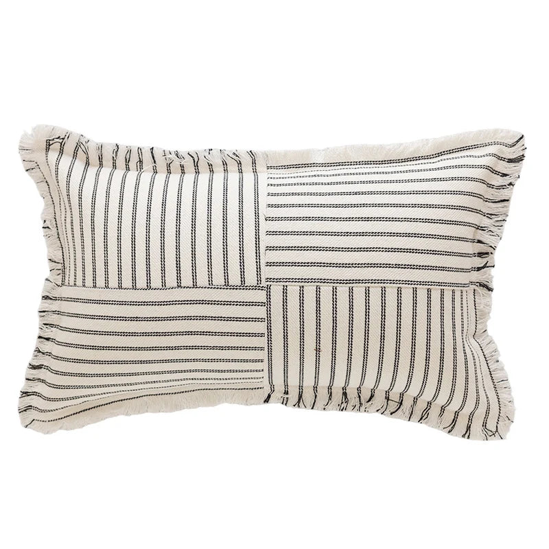 Rectangular Lumbar Pillow Striped Patchwork Woven Fabric & Fringed Trim