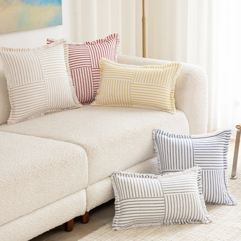 Rectangular Lumbar Pillow Striped Patchwork Woven Fabric & Fringed Trim