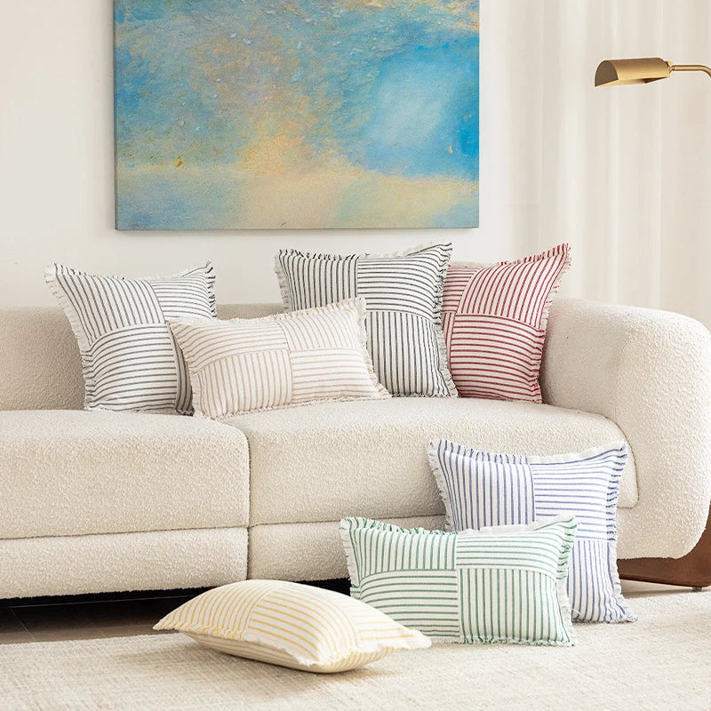 Rectangular Lumbar Pillow Striped Patchwork Woven Fabric & Fringed Trim