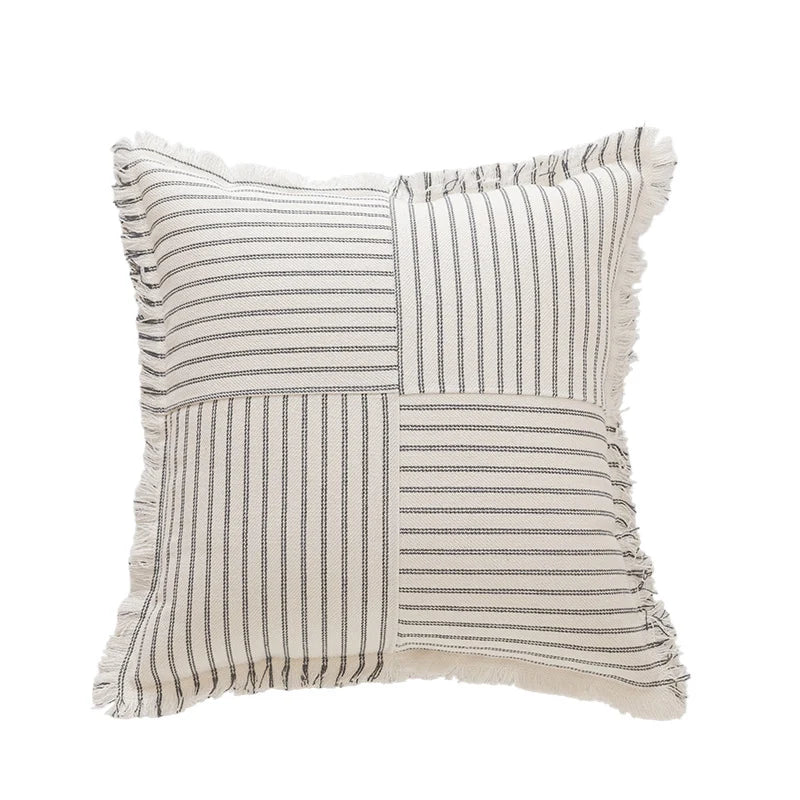 Rectangular Lumbar Pillow Striped Patchwork Woven Fabric & Fringed Trim