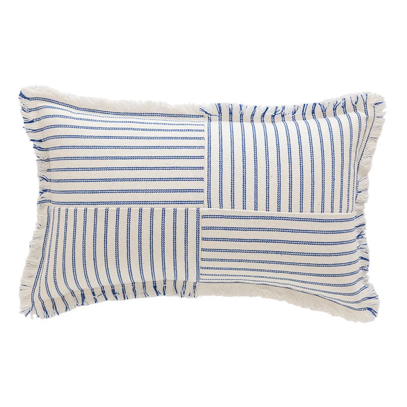 Rectangular Lumbar Pillow Striped Patchwork Woven Fabric & Fringed Trim