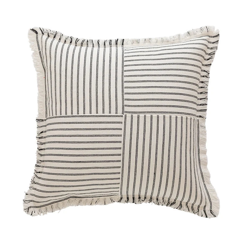 Rectangular Lumbar Pillow Striped Patchwork Woven Fabric & Fringed Trim