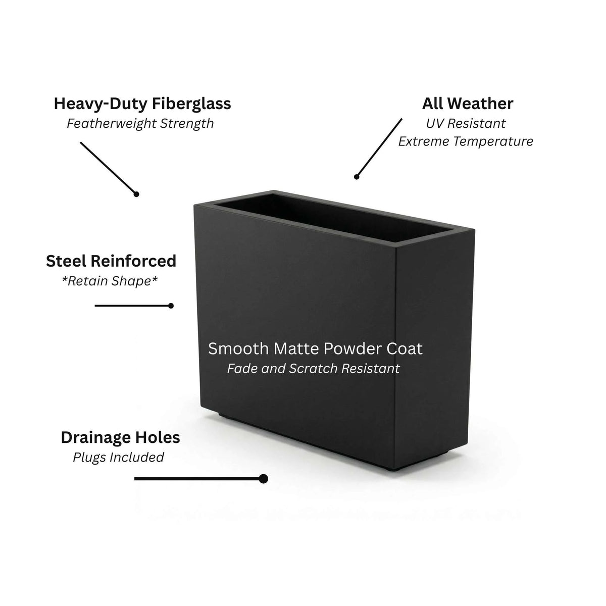 Rectangular Planter Fiberglass Steel-Reinforced with Drainage Holes