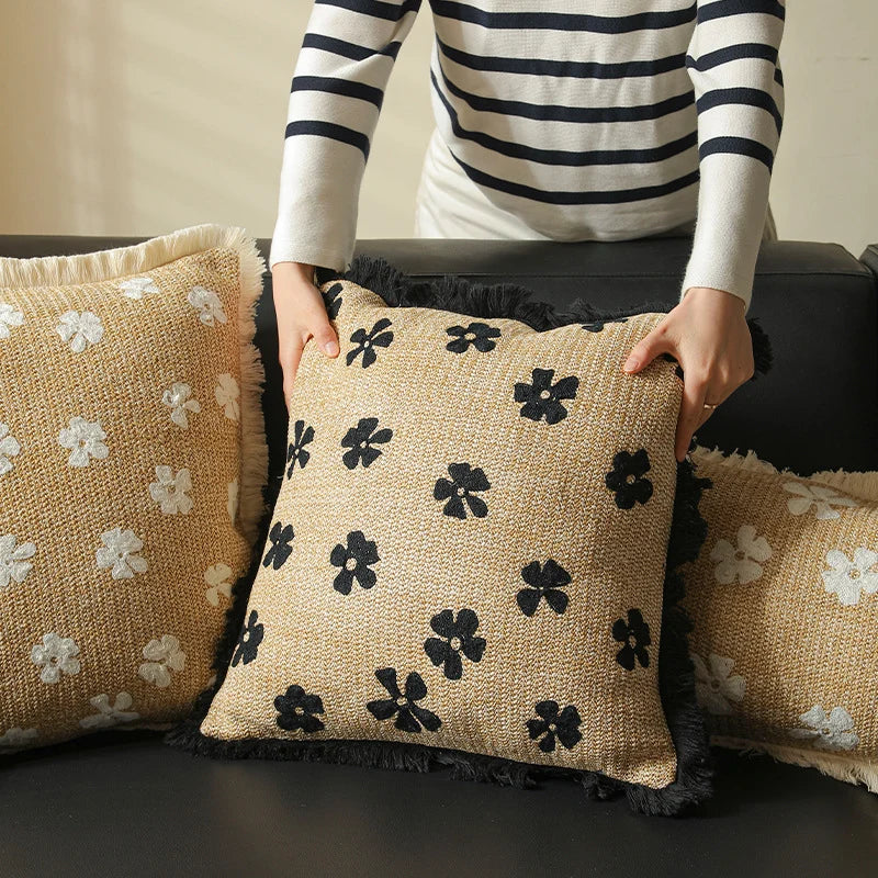Rectangular Throw Pillow Woven Floral Tuft Fringe Trim