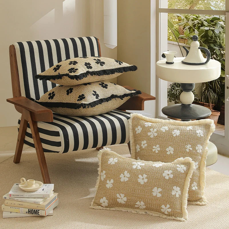 Rectangular Throw Pillow Woven Floral Tuft Fringe Trim