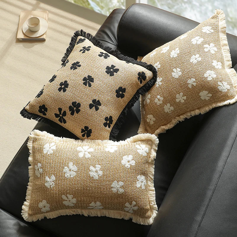 Rectangular Throw Pillow Woven Floral Tuft Fringe Trim
