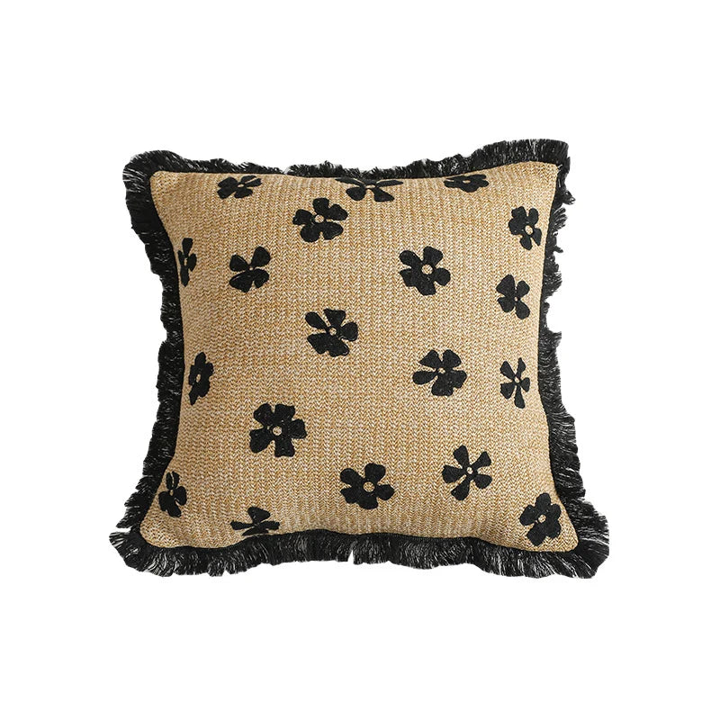 Rectangular Throw Pillow Woven Floral Tuft Fringe Trim