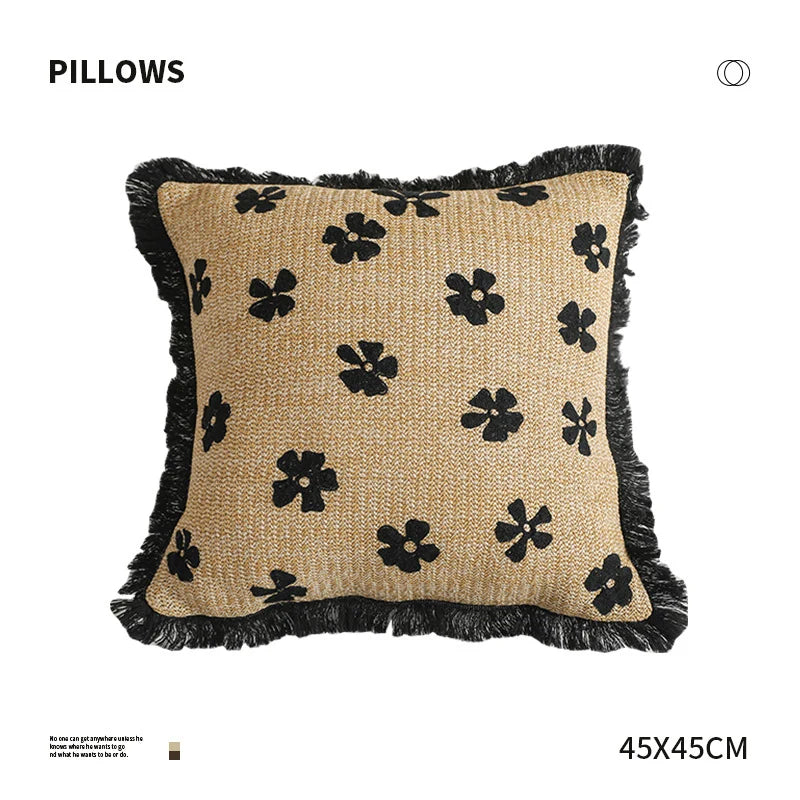 Rectangular Throw Pillow Woven Floral Tuft Fringe Trim
