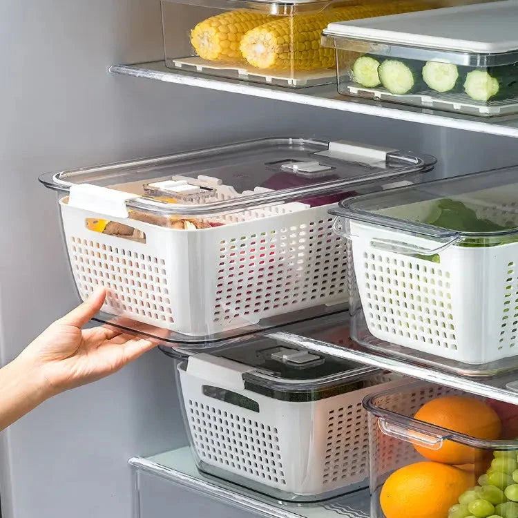 Refrigerator Storage Container Adjustable Dividers Wash & Drain BPA-Free