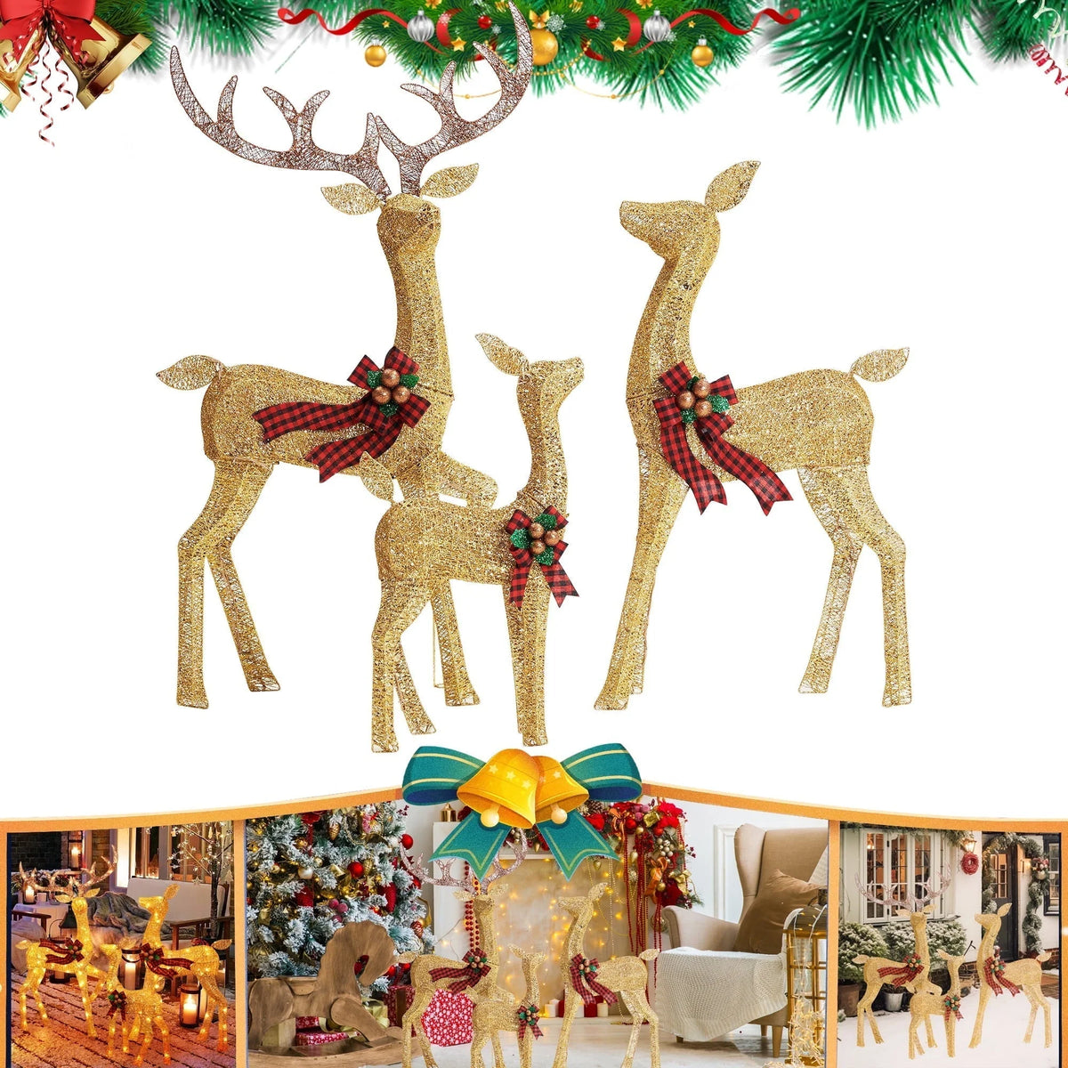 Reindeer Decoration Set of 3 Warm White LED Lights