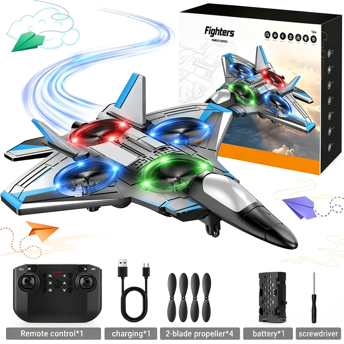 Remote Control Fighter Jet 360° Stunts LED Lights Beginner-Friendly Controls