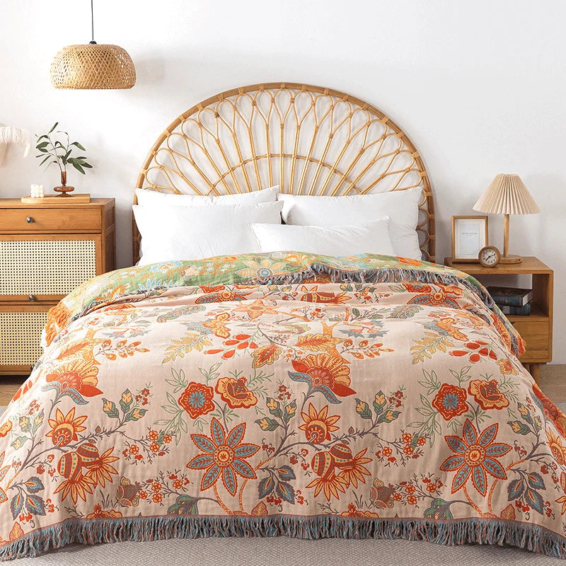 Reversible Cotton Blanket Jacquard Bohemian Pattern Lightweight Breathable