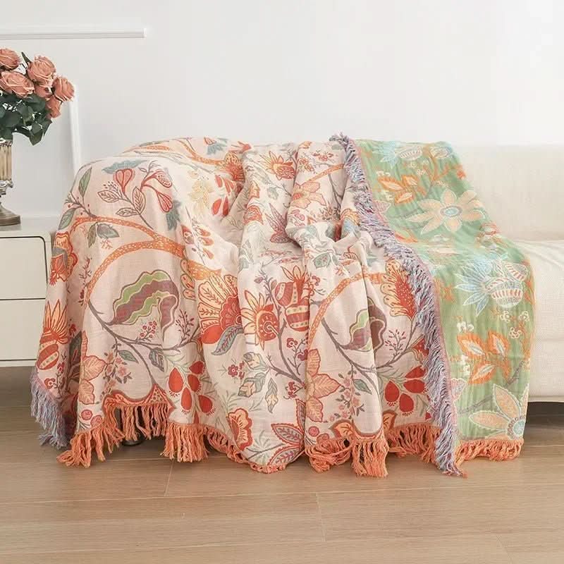 Reversible Cotton Blanket Jacquard Bohemian Pattern Lightweight Breathable