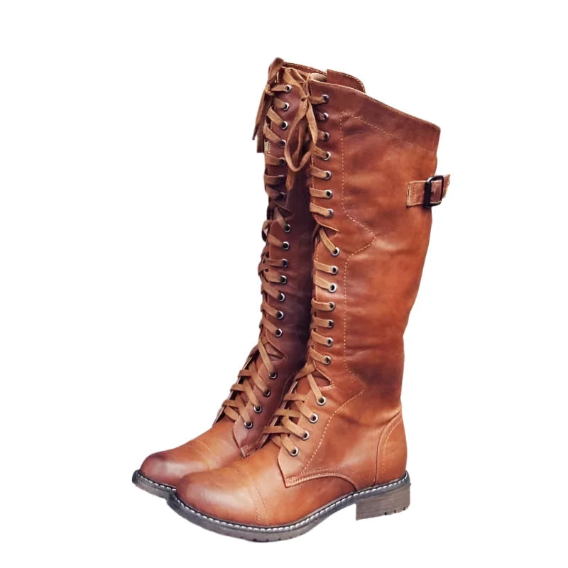 Riding Boots Knee-High Leather Lace-Up Side Zipper