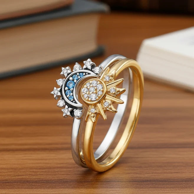 Ring 925 Sterling Silver Sun & Moon Crystal Accents