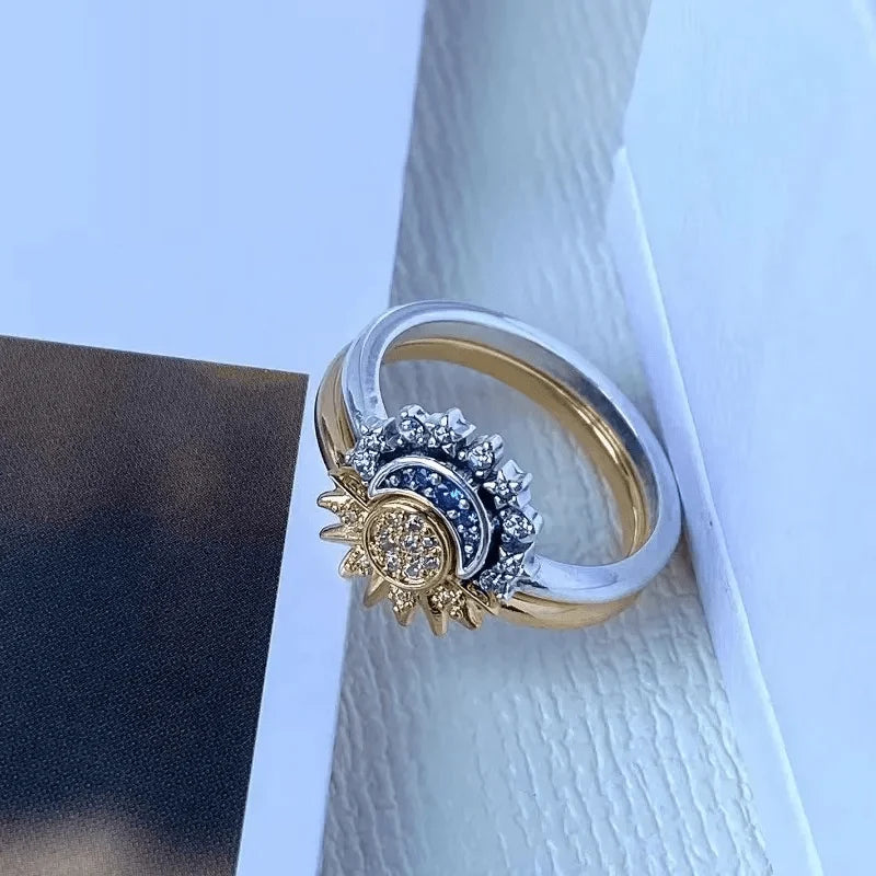 Ring 925 Sterling Silver Sun & Moon Crystal Accents