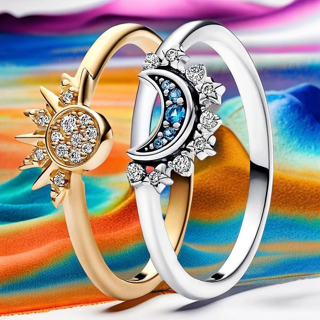 Ring 925 Sterling Silver Sun & Moon Crystal Accents