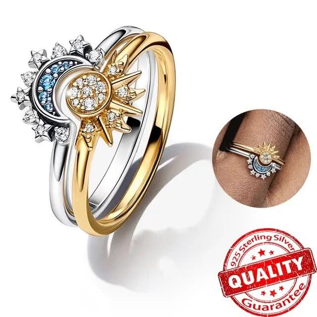 Ring 925 Sterling Silver Sun & Moon Crystal Accents