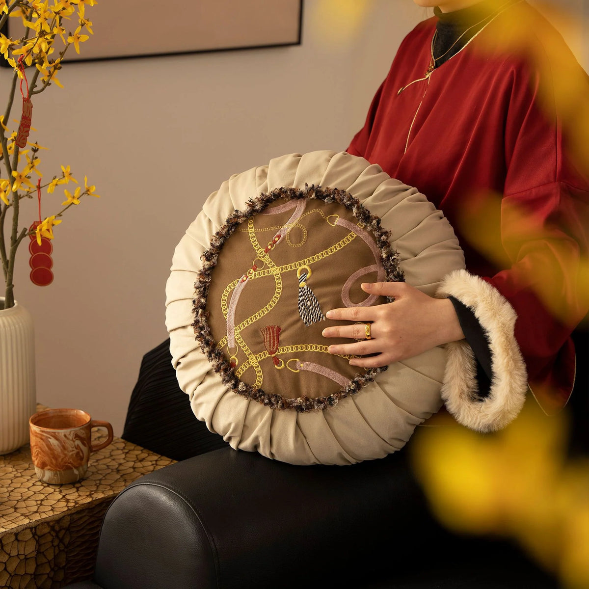 Round Decorative Cushion Pleated Hem Embroidered Panel
