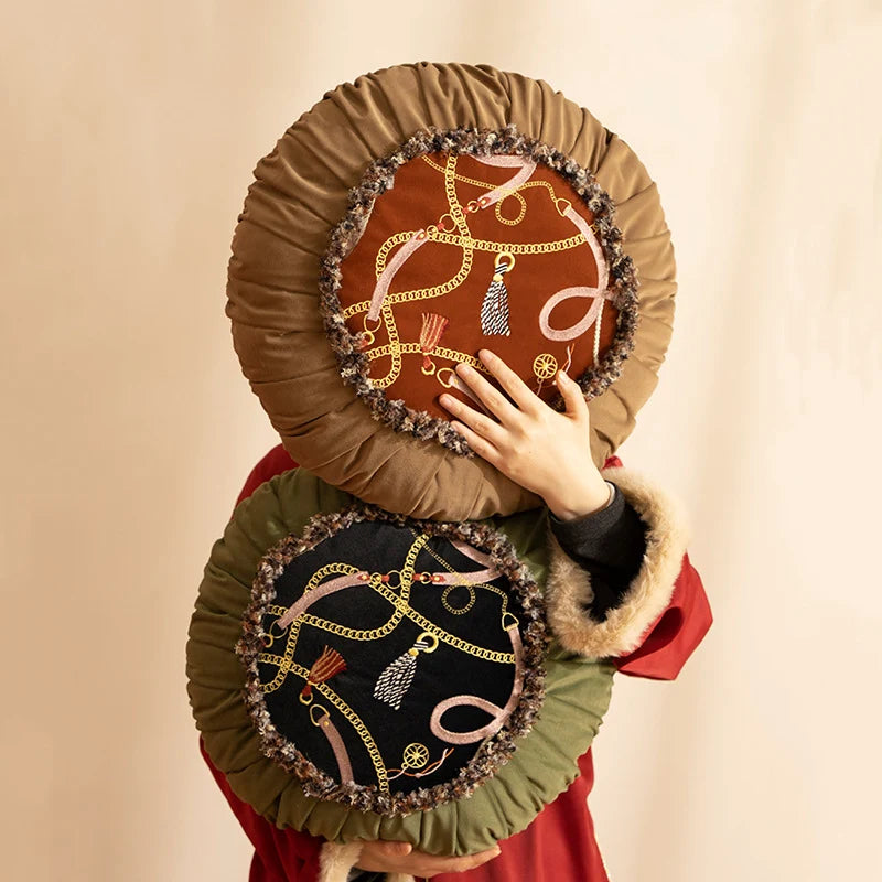 Round Decorative Cushion Pleated Hem Embroidered Panel