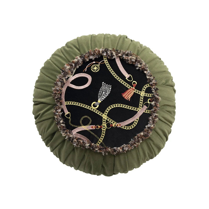 Round Decorative Cushion Pleated Hem Embroidered Panel
