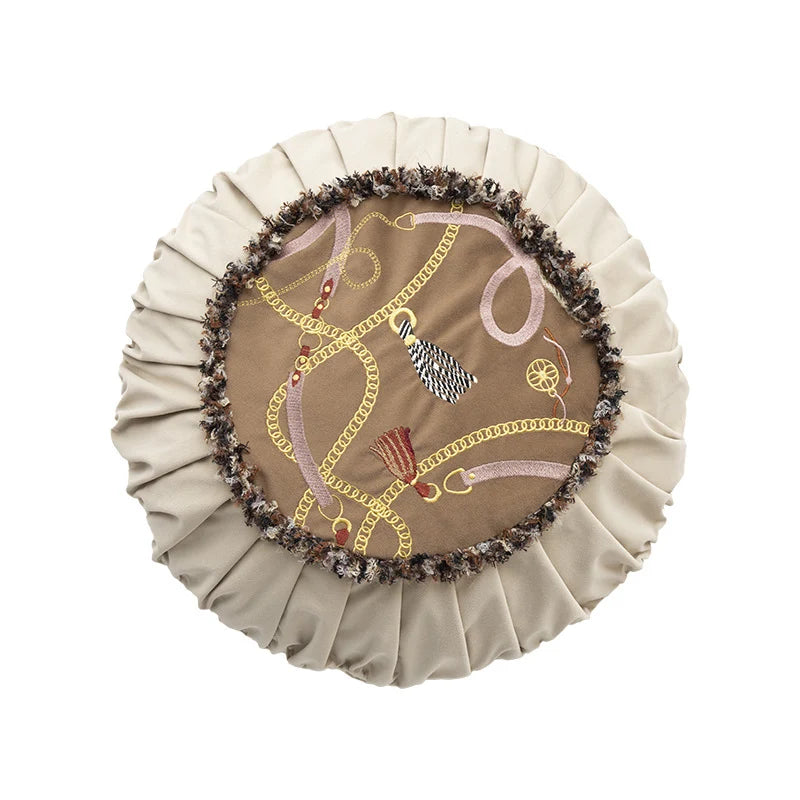 Round Decorative Cushion Pleated Hem Embroidered Panel