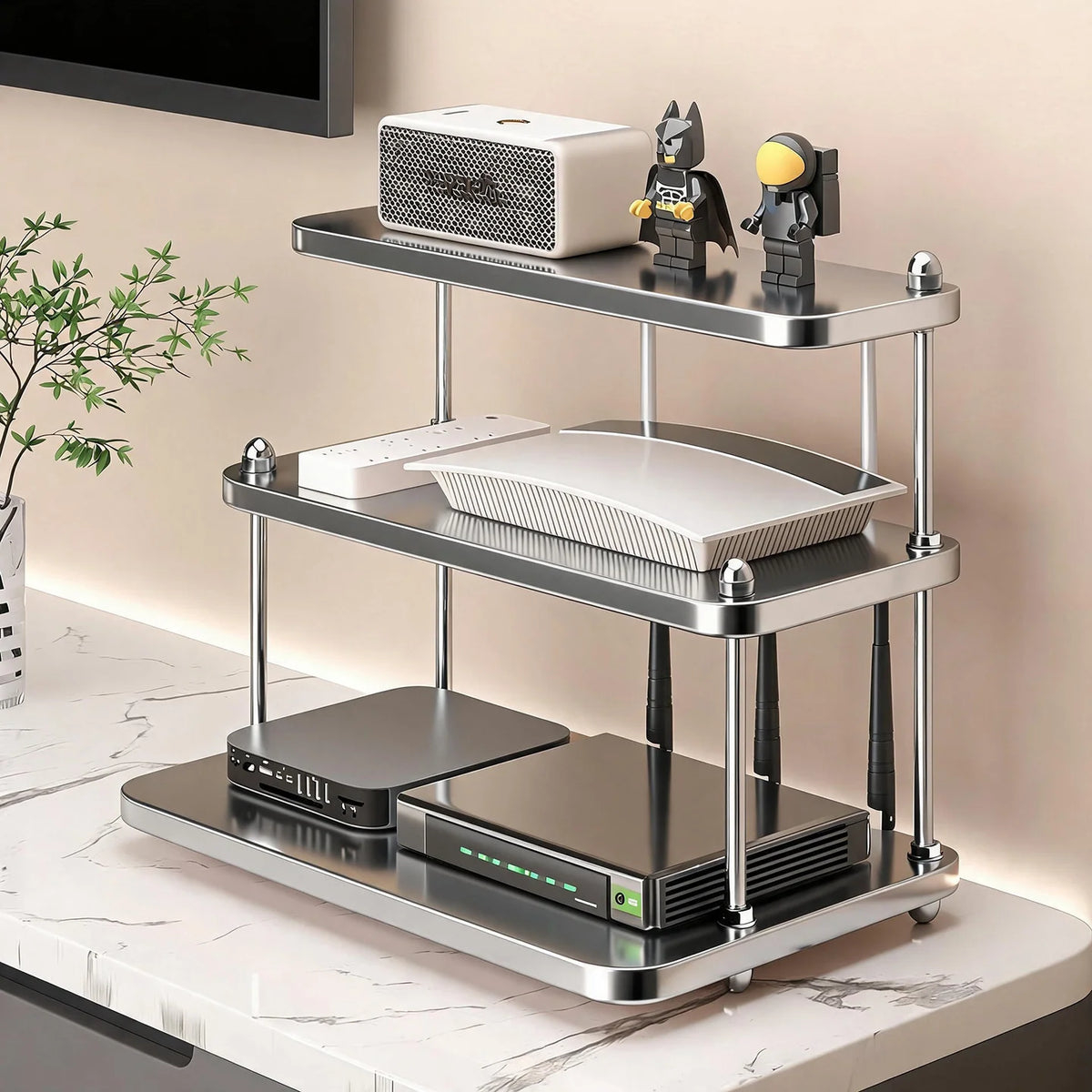 Router Stand Ventilated Slatted Multi-Tier Cable-Friendly Storage