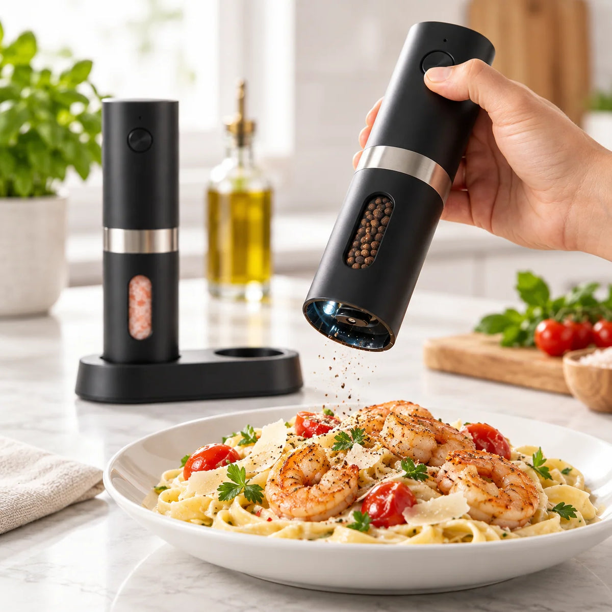 Salt And Pepper Mill Set Rechargeable Adjustable Grind LED Light