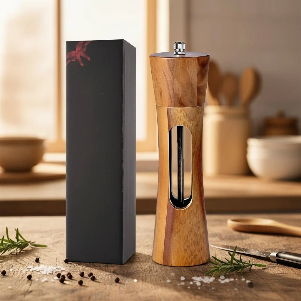 Salt and Pepper Mill Set Natural Wood Adjustable Grind Settings