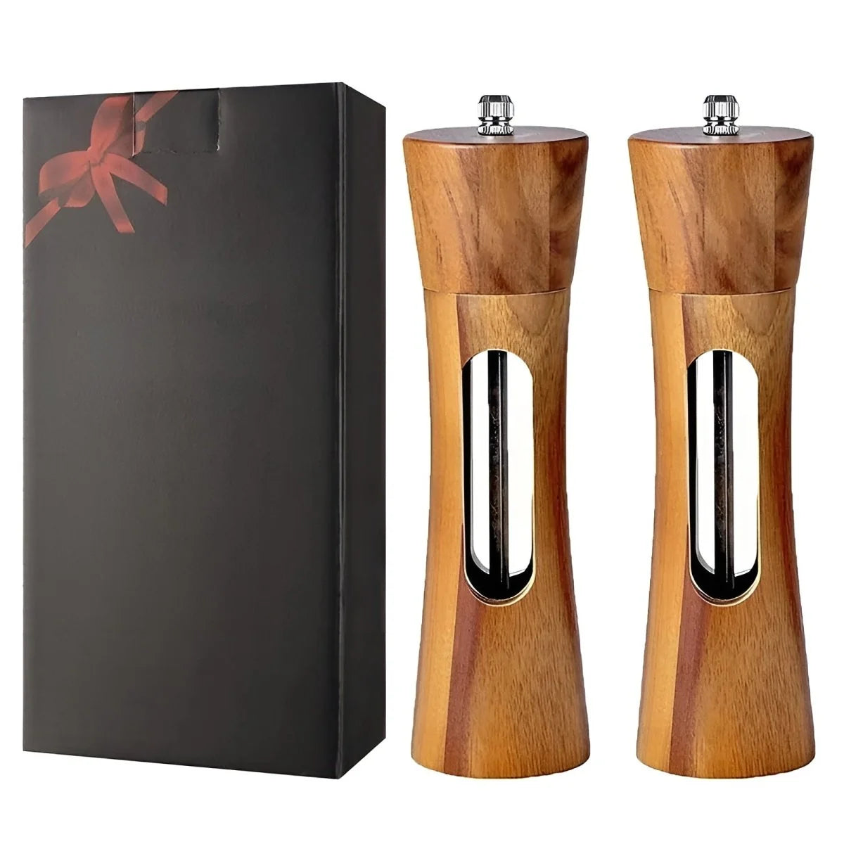 Salt and Pepper Mill Set Natural Wood Adjustable Grind Settings