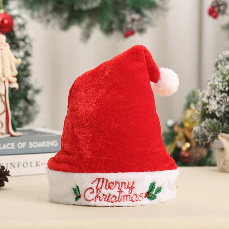 Santa Hat Embroidered Merry Christmas White Fur Trim