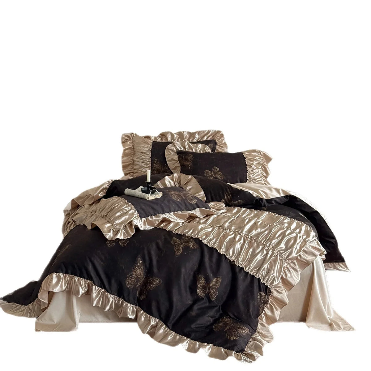 Satin Bedding Set Butterfly Print Ruffle Trim Four-Piece