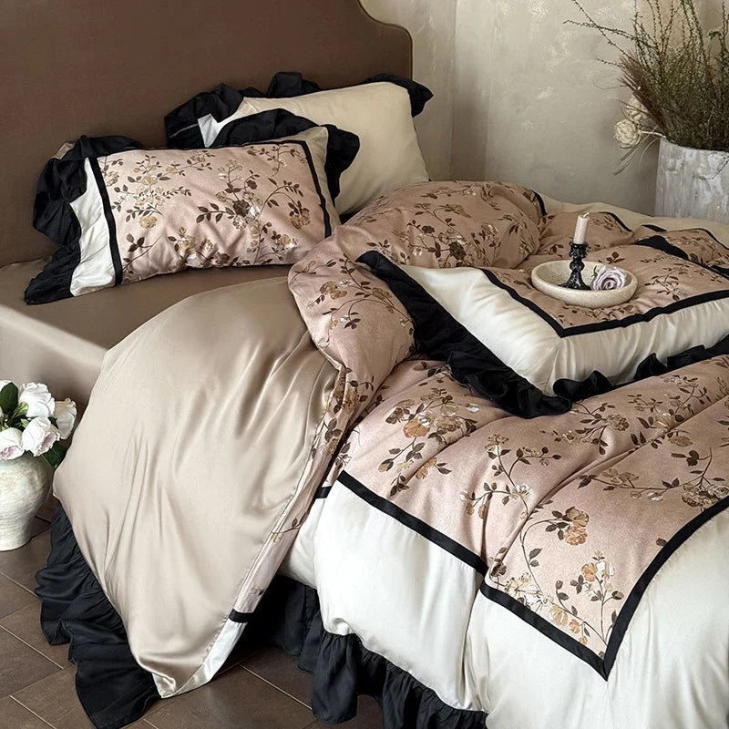 Satin Bedding Set Embroidered Floral Ruffle Concealed Zipper