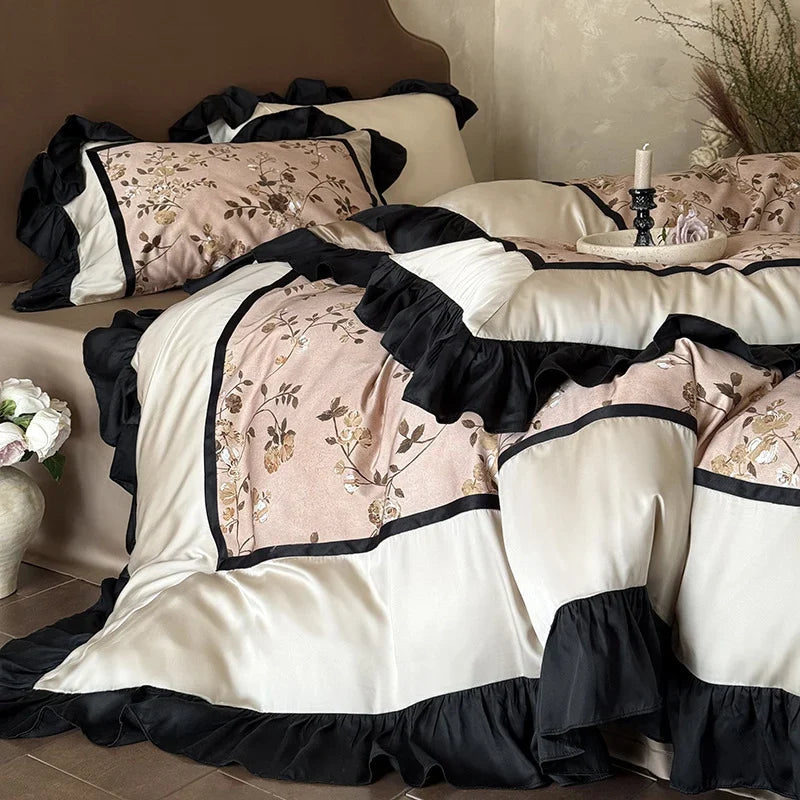 Satin Bedding Set Embroidered Floral Ruffle Concealed Zipper