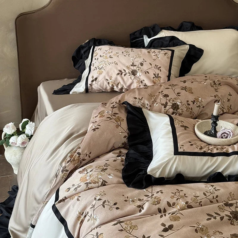 Satin Bedding Set Embroidered Floral Ruffle Concealed Zipper