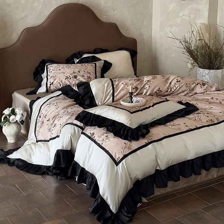 Satin Bedding Set Embroidered Floral Ruffle Concealed Zipper