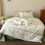 Satin Bedding Set Floral Embroidery Machine Washable