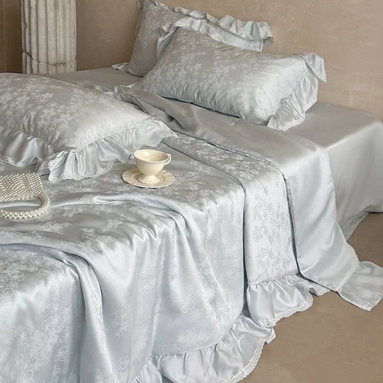 Satin Bedding Set Floral Jacquard & Ruffled Hem 4-Piece