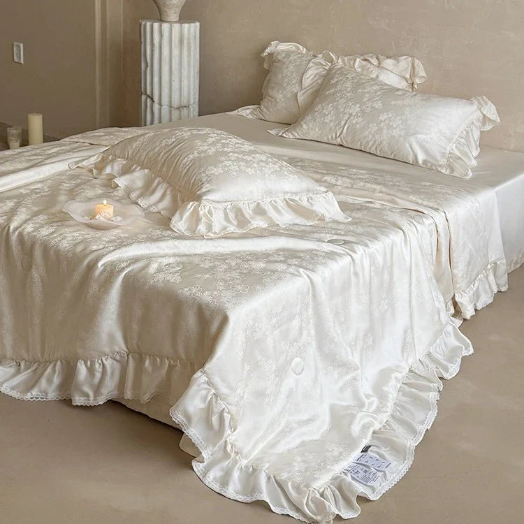 Satin Bedding Set Floral Jacquard & Ruffled Hem 4-Piece