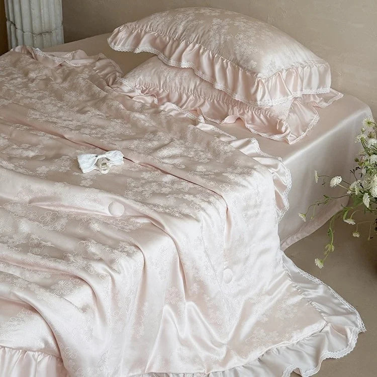 Satin Bedding Set Floral Jacquard & Ruffled Hem 4-Piece