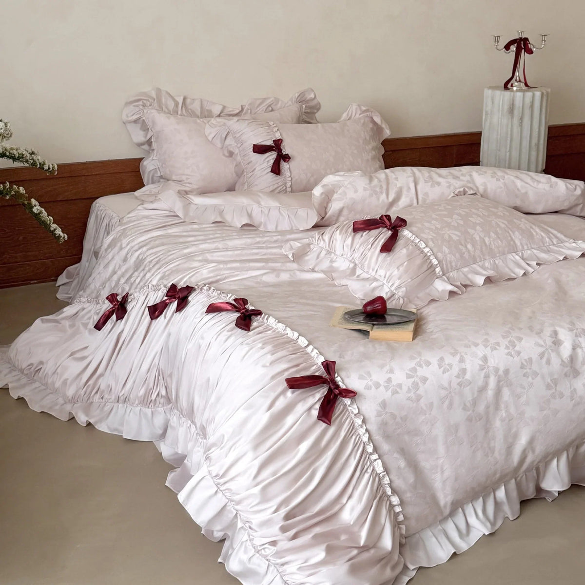 Satin Bedding Set Jacquard Butterfly Ruffles & Bed Skirt