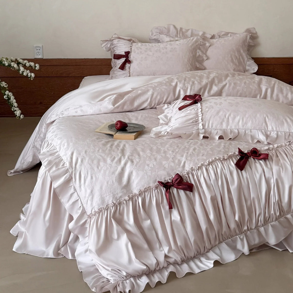 Satin Bedding Set Jacquard Butterfly Ruffles & Bed Skirt